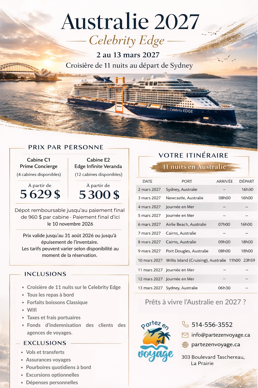 Croisi&egrave;re Australie 2027 &agrave; bord du Celebrity Edge &ndash; d&eacute;part de Sydney, Grande Barri&egrave;re de corail &ndash; pour voyageurs de Montr&eacute;al et de la Rive-Sud (La Prairie, Candiac)