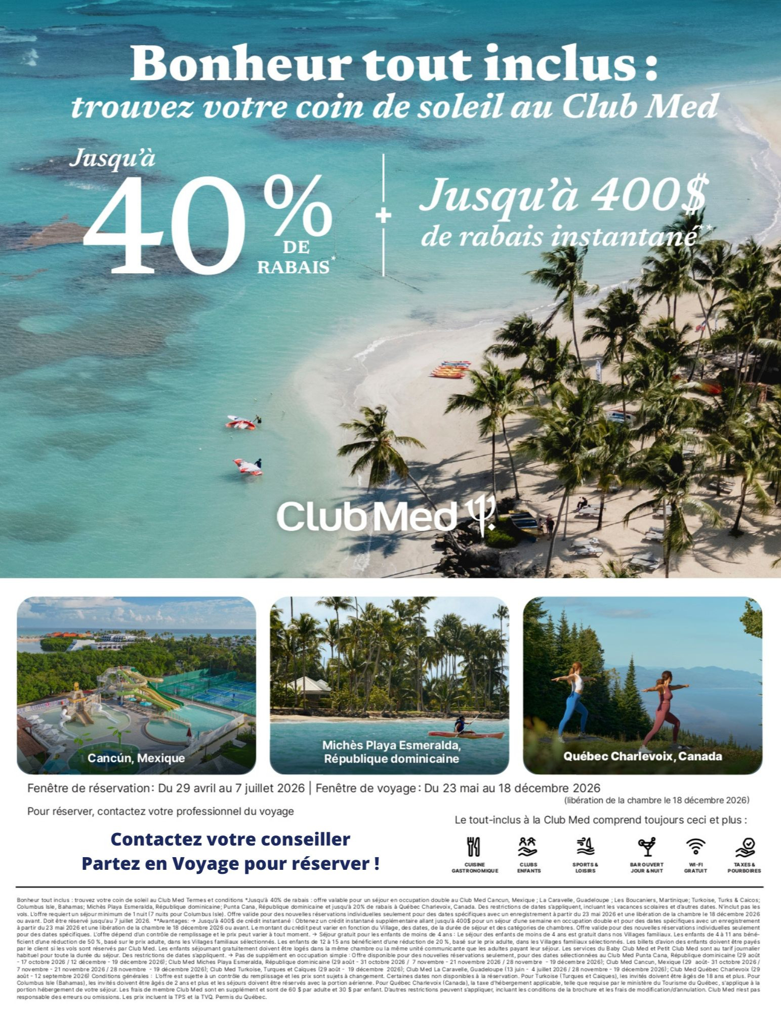 Promotions Club Med Pré-inscription réservations vacances tout-inclus, jusqu'à 1440$ de rabais avec Partez en Voyage CLUB MED PROMOTION FLYER SECTION 0 FR