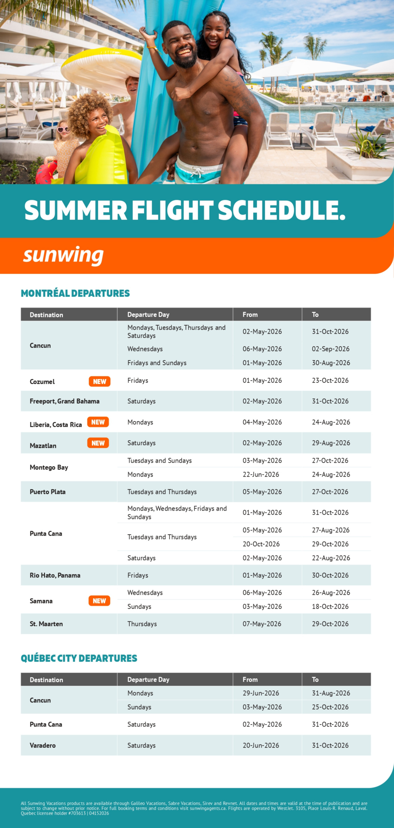 Sunwing Promotion Summer Flight Schedule with Voyages Aquaterra Partez en Voyage