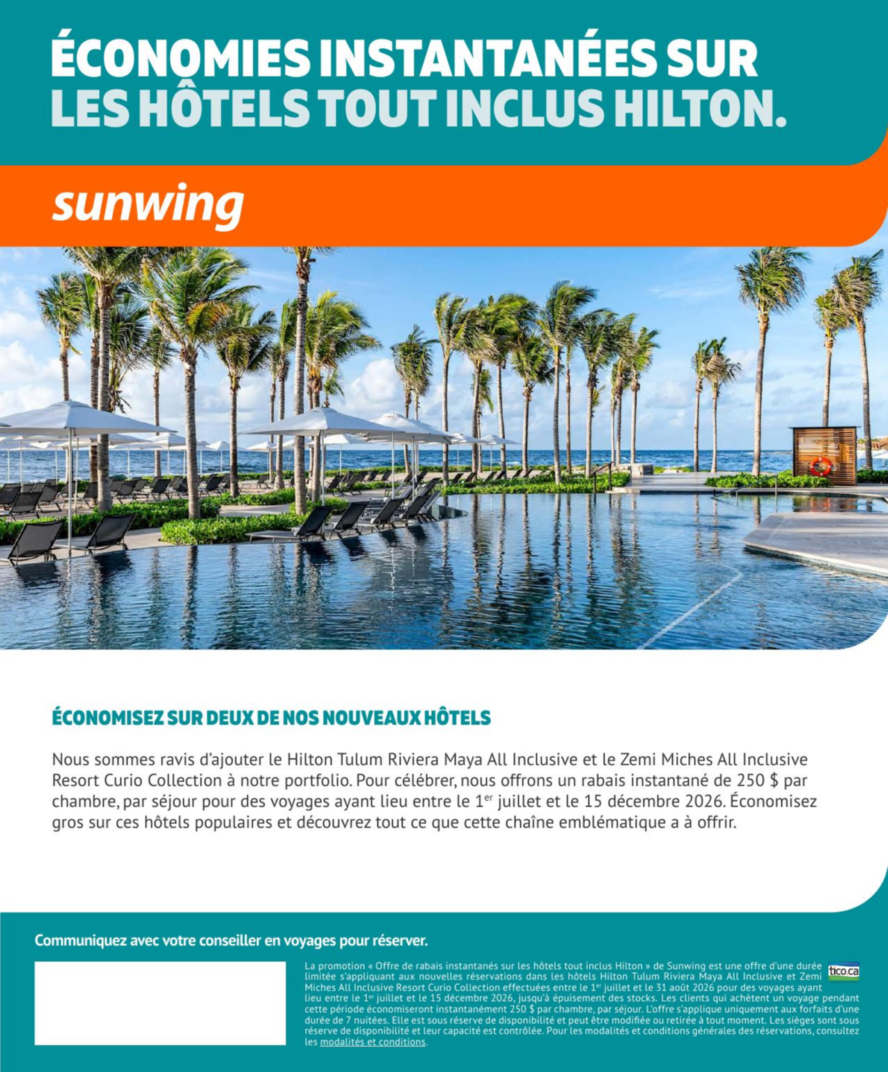 Promotion Sunwing Économies instantanées sur le hôtels tout inclus Hilton avec Partez en Voyage Promotion Sunwing Économies instantanées sur le hôtels tout inclus Hilton avec Partez en Voyage