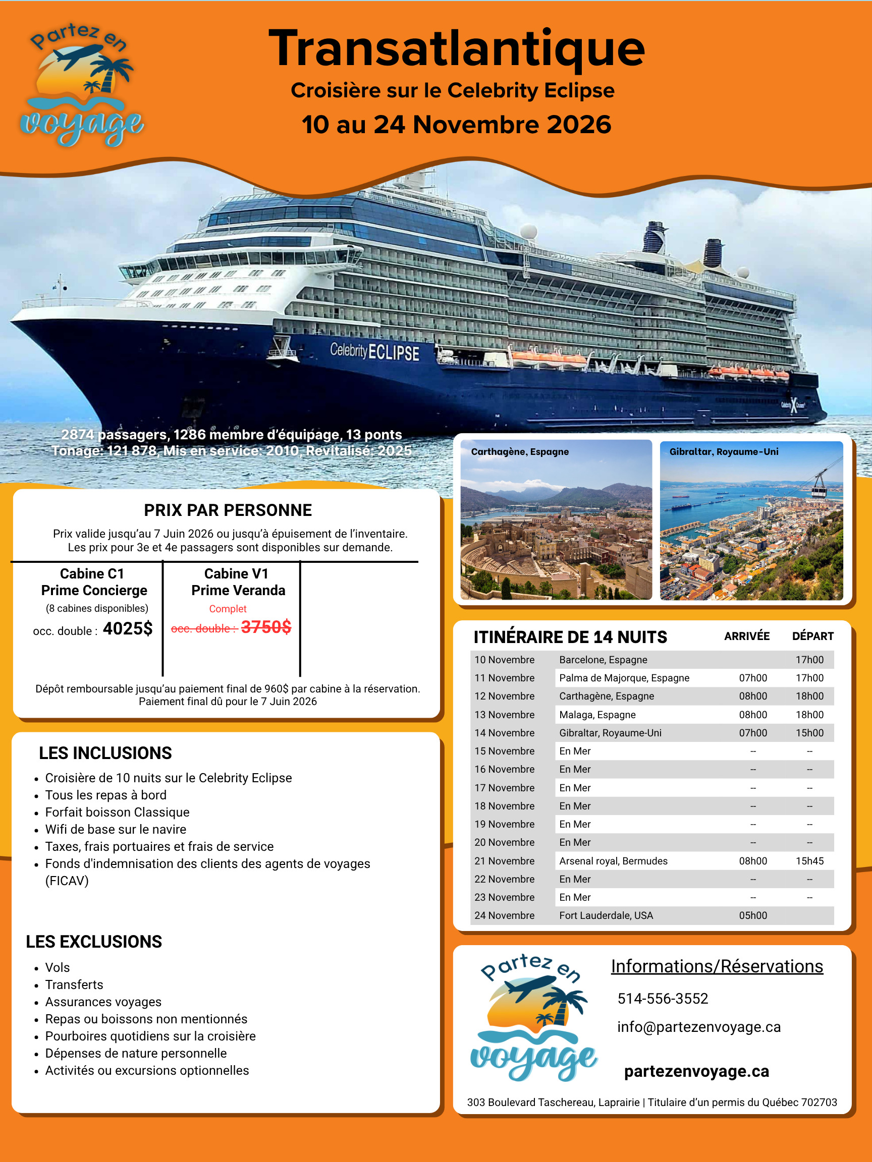 Croisi&egrave;re Transatlantique Novembre 2026 Mariage dans le sud